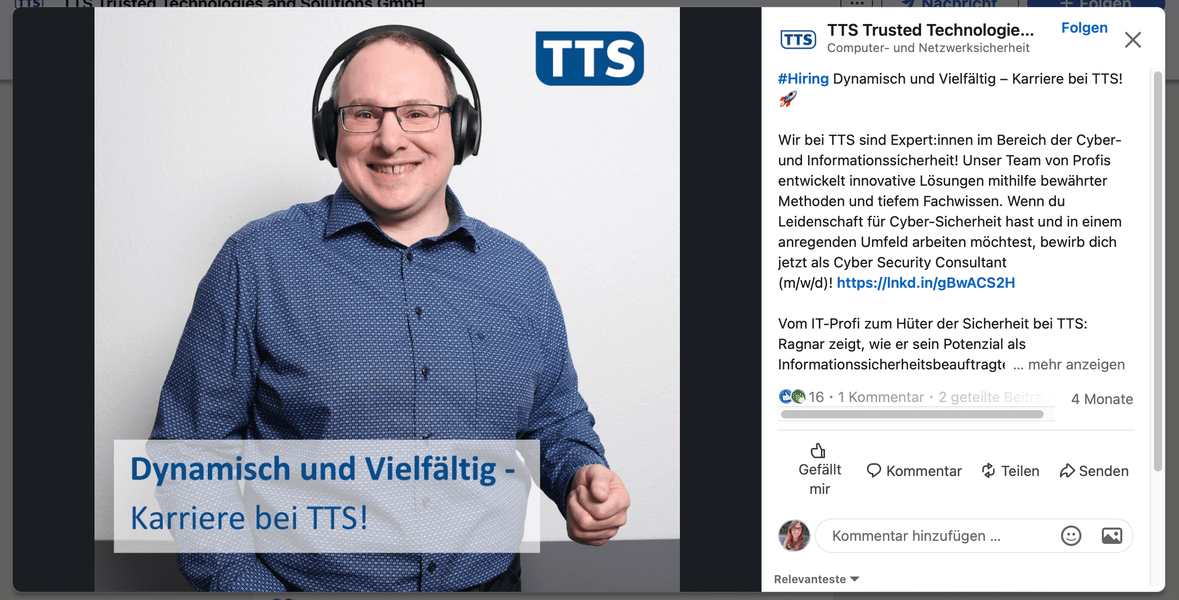 TTS LinkedIn-Beitrag, Beschriftung: "Dynamisch und vielfältig - Karriere bei TTS"