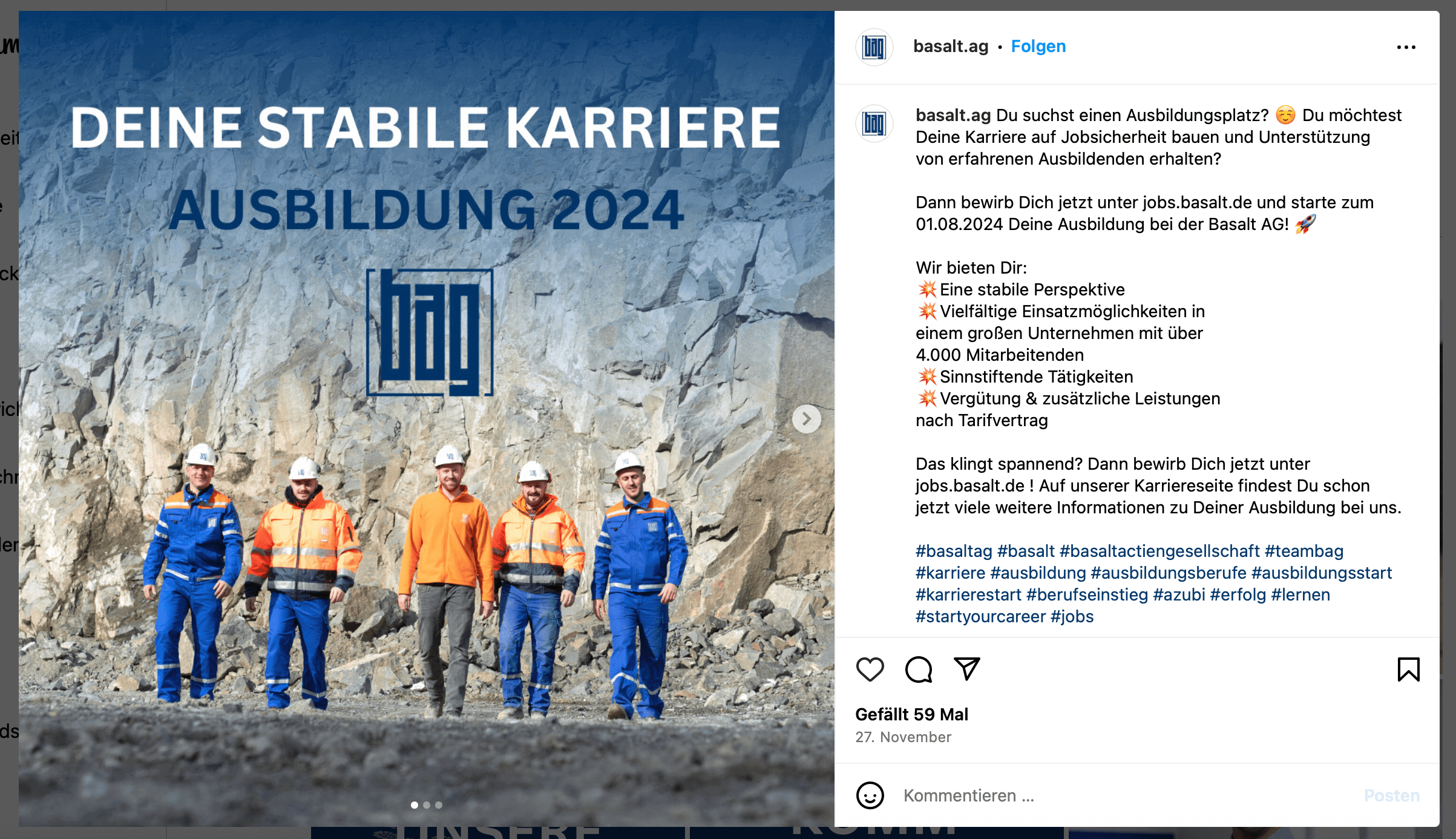 Instagram-Beitrag zum Thema stabile Karriere, mehrere Arbeiter in Steingrube