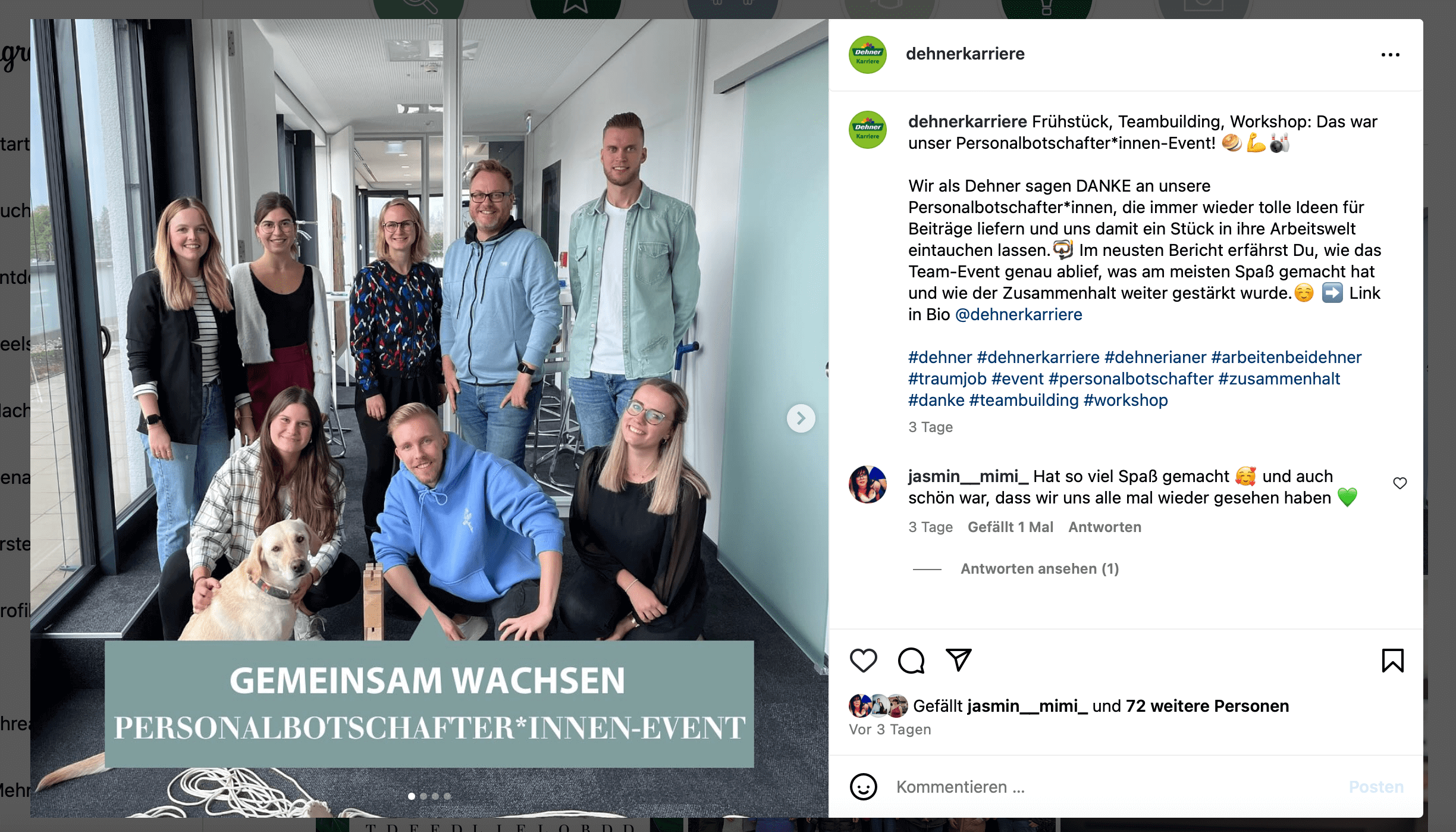 Instagram Beitrag von Dehner mit Teamfoto