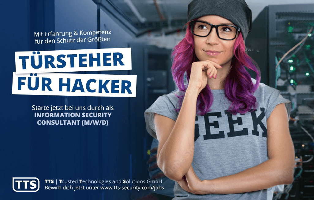 Aufruf zur Bewerbung zum Information Security Consultant, Frau mit pinken Haaren und "Geek" auf Shirt